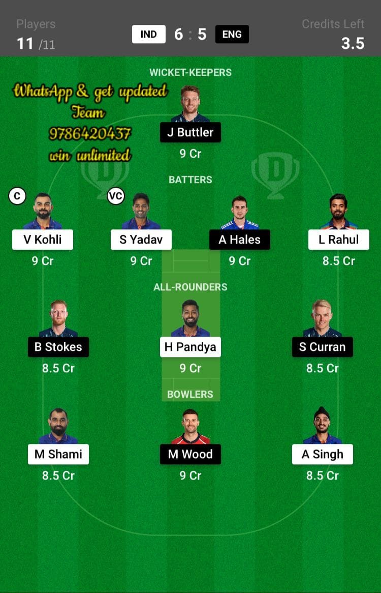 IND vs ENG 2nd Semi-Final Match Dream11 Team fantasy Prediction ICC Men's T20 World Cup