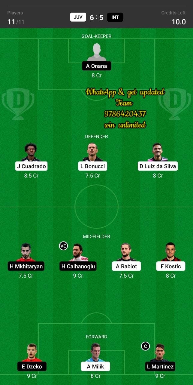 JUV vs INT Dream11 Team fantasy Prediction Serie A