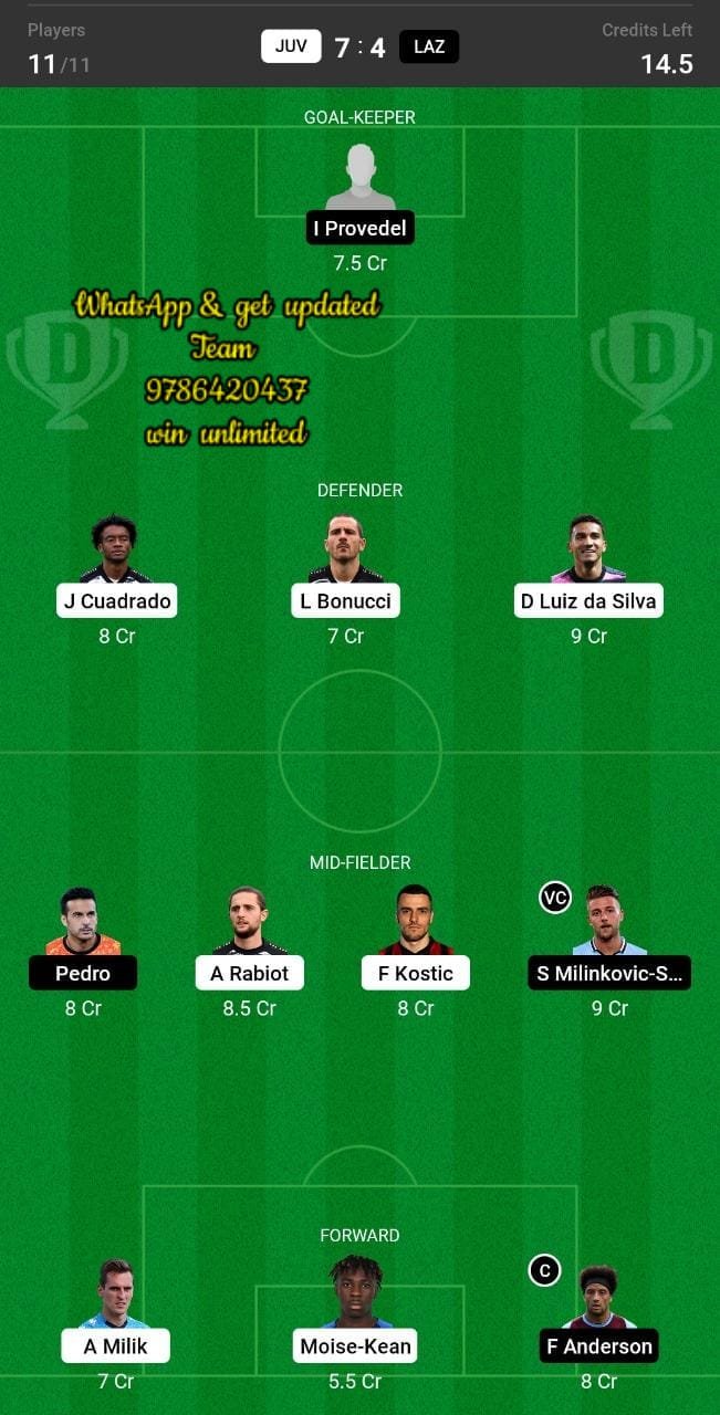 LAZ vs JUV Dream11 Team fantasy Prediction Serie A