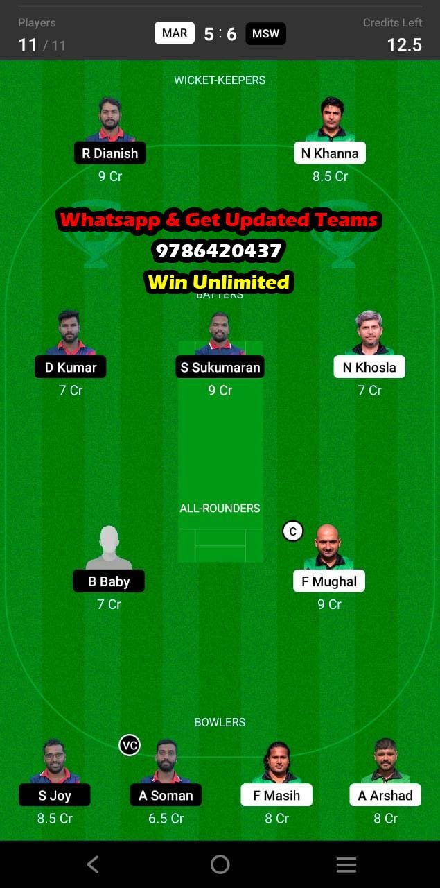 MAR vs MSW 2nd Semi-Final Match Dream11 Team fantasy Prediction FanCode ECS T10 - Malta