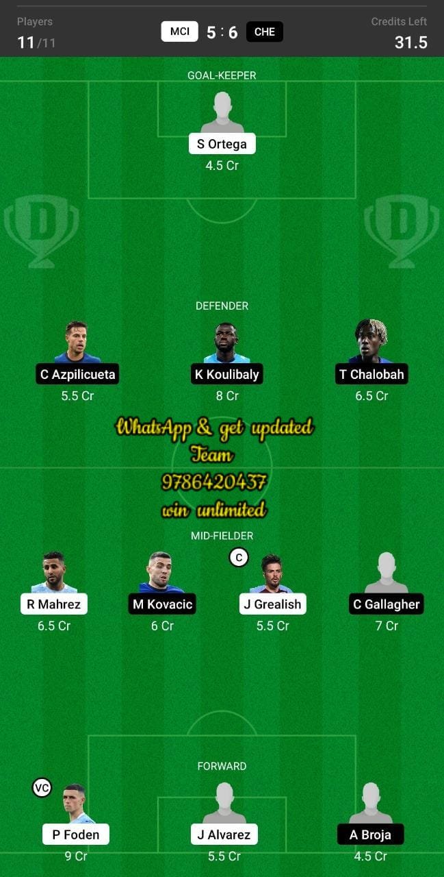 MCI vs CHE Dream11 Team fantasy Prediction English League Cup