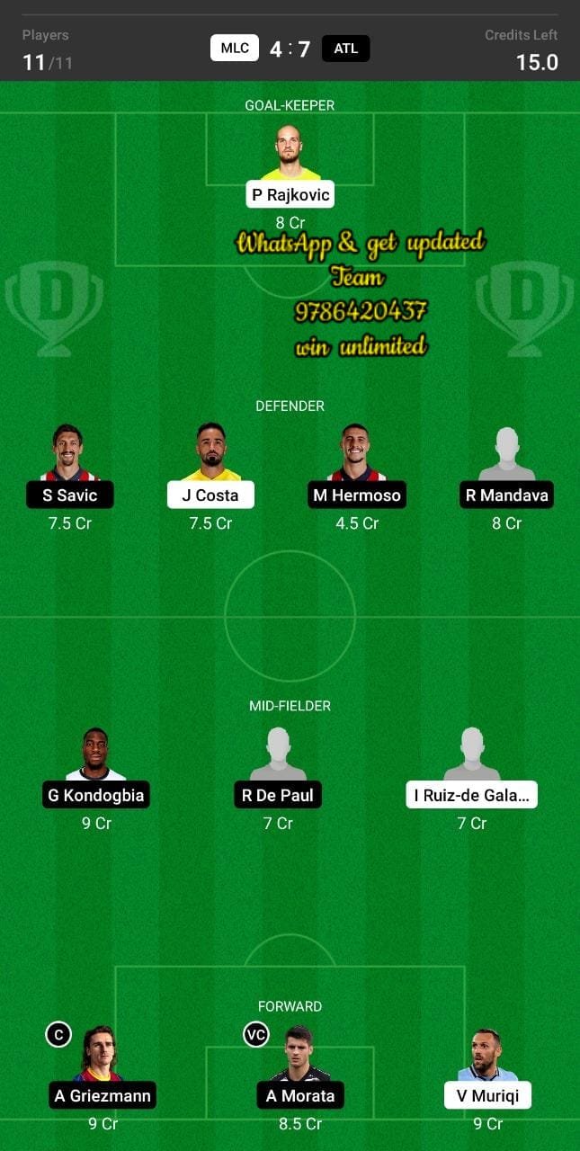 MLC vs ATL Dream11 Team fantasy Prediction La Liga