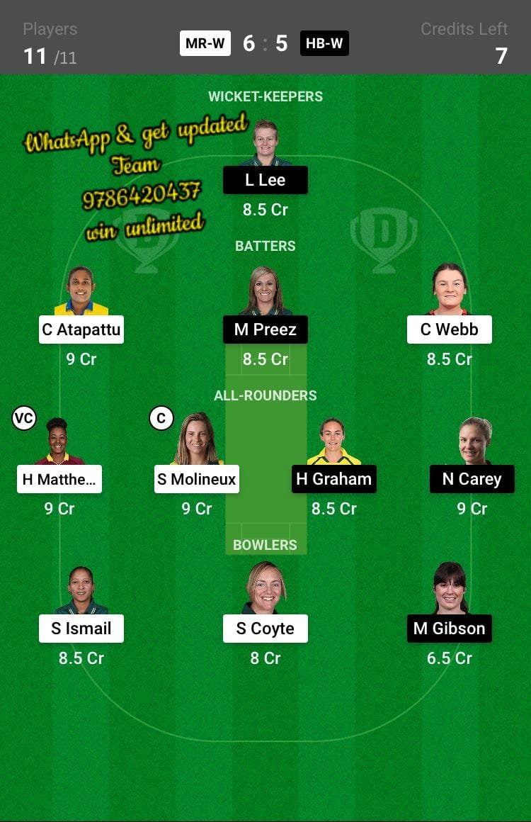 MR-W vs HB-W 35th Match Dream11 Team fantasy Prediction Weber WBBL T20