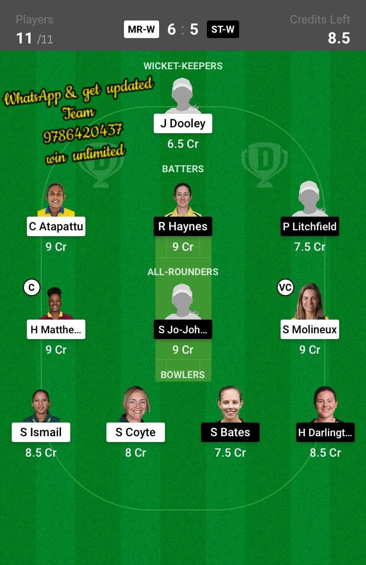 MR-W vs ST-W 33rd Match Dream11 Team fantasy Prediction Weber WBBL T20