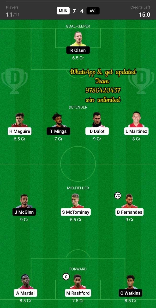 MUN vs AVL Dream11 Team fantasy Prediction English League Cup