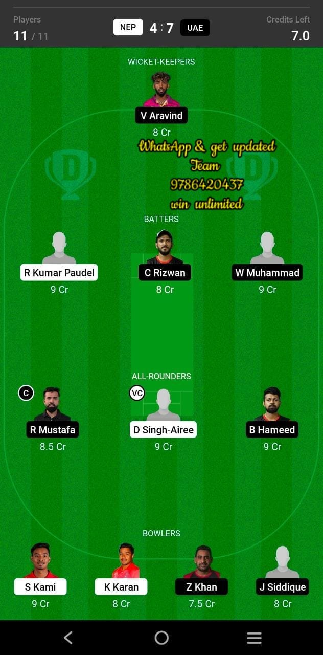 NEP vs UAE 1st ODI Match Dream11 Team fantasy Prediction United Arab Emirates tour of Nepal