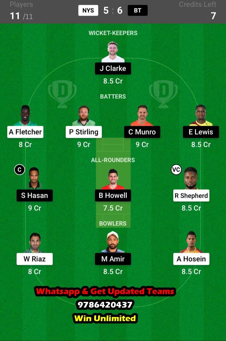 NYS vs BT 1st Match Dream11 Team fantasy Prediction Abu Dhabi League T10