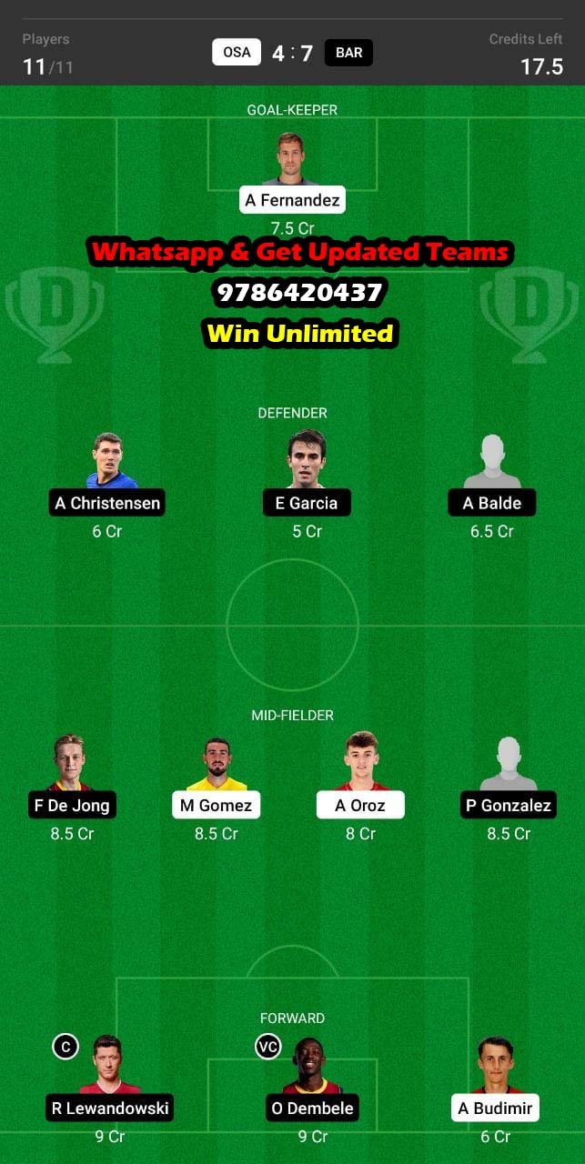 OSA vs BAR Dream11 Team fantasy Prediction La Liga