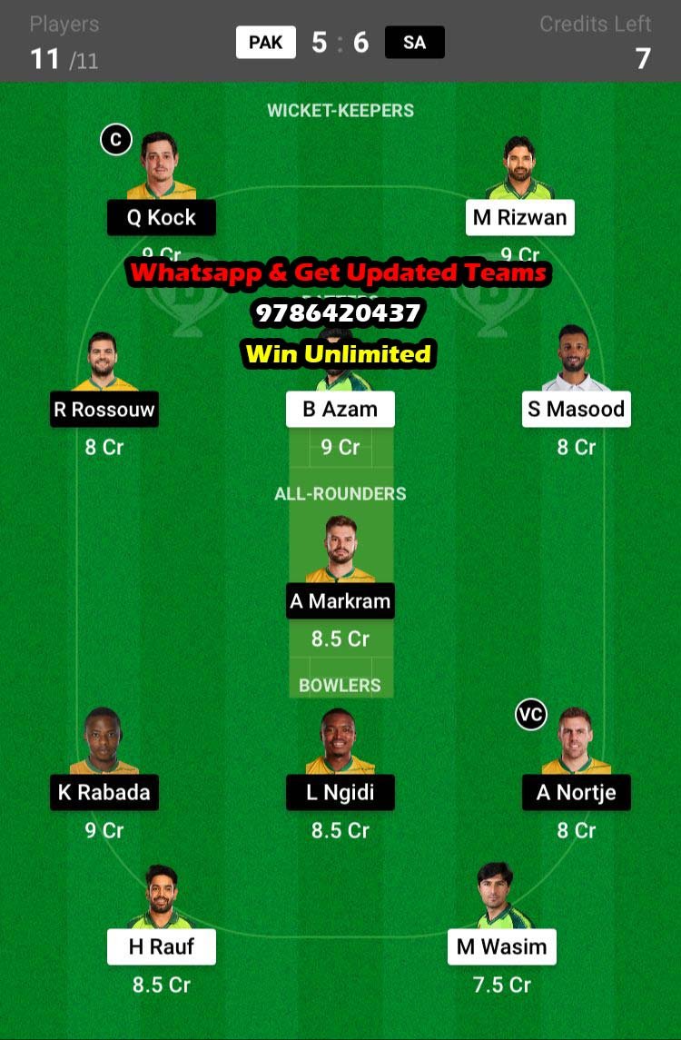 PAK vs SA 36th Match Dream11 Team fantasy Prediction ICC Men's T20 World Cup