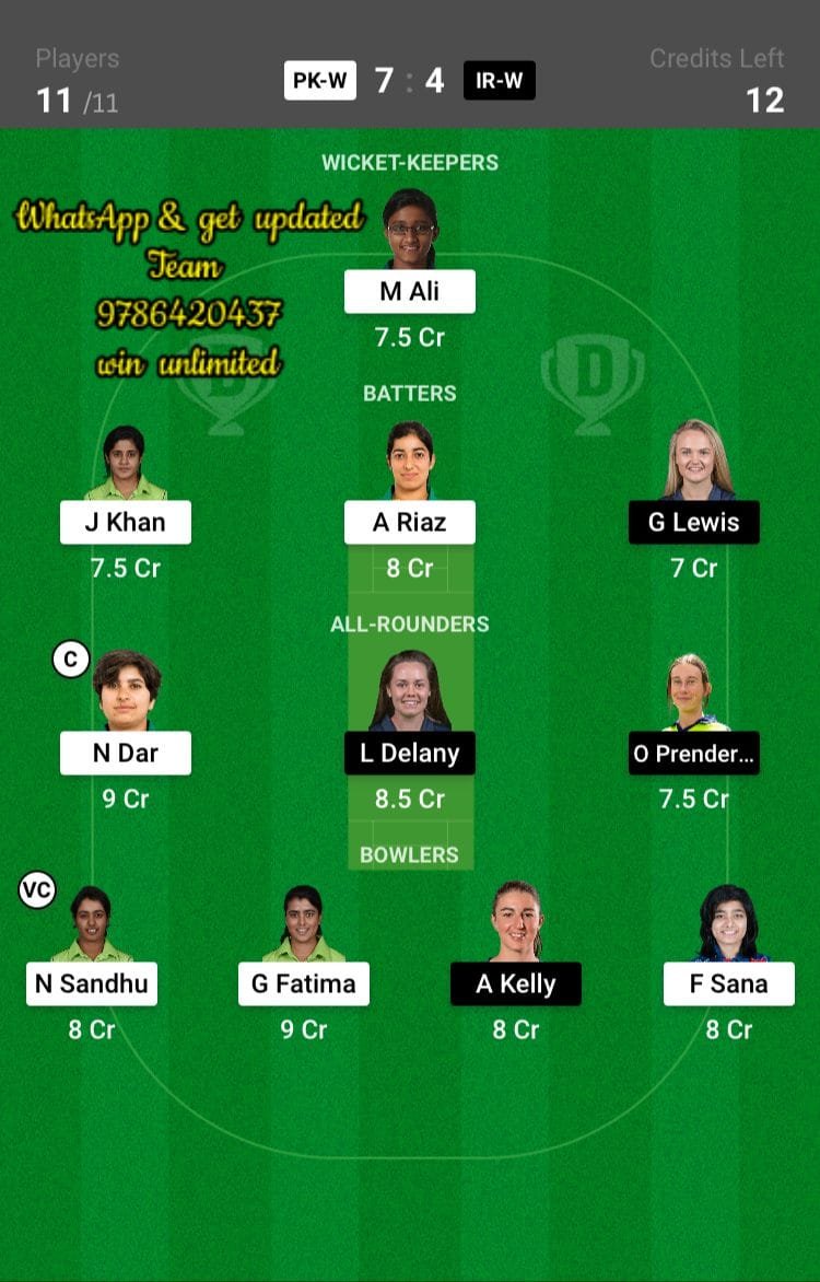 PK-W vs IR-W 3rd T20I Match Dream11 Team fantasy Prediction Ireland Women tour of Pakistan Women