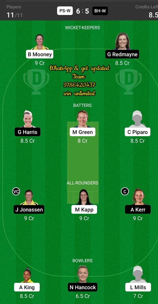 PS-W vs BH-W 36th Match Dream11 Team fantasy Prediction Weber WBBL T20