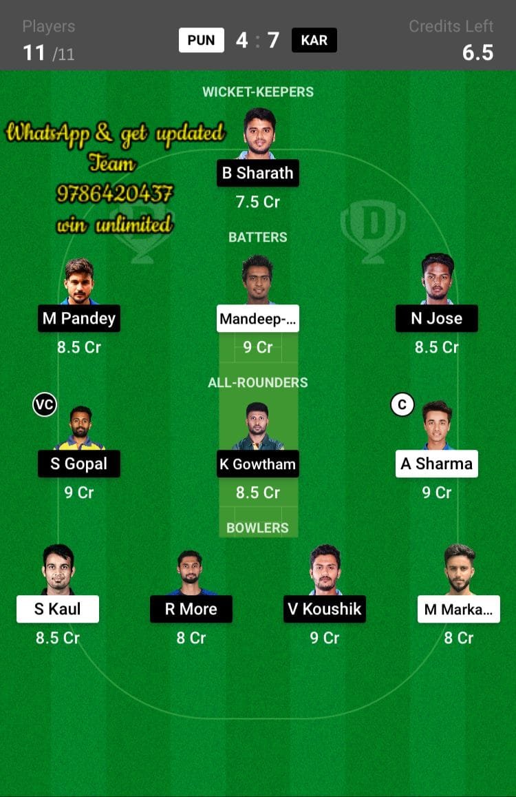 PUN vs KAR 1st Quarter-Final Match Dream11 Team fantasy Prediction Vijay Hazare Trophy