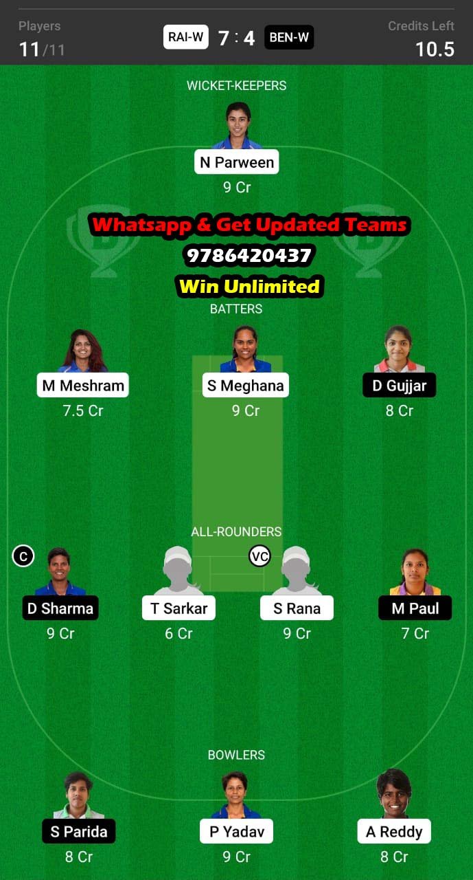 RAI-W vs BEN-W 27th Match Dream11 Team fantasy Prediction Senior Women's T20 League