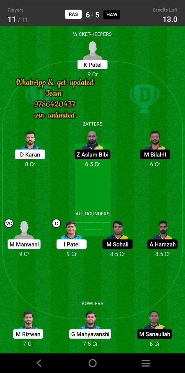 RAS vs HAW 77th Match Dream11 Team fantasy Prediction FanCode ECS T10 Barcelona