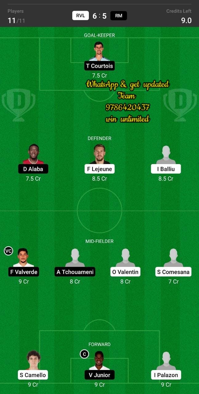 RVL vs RM Dream11 Team fantasy Prediction La Liga