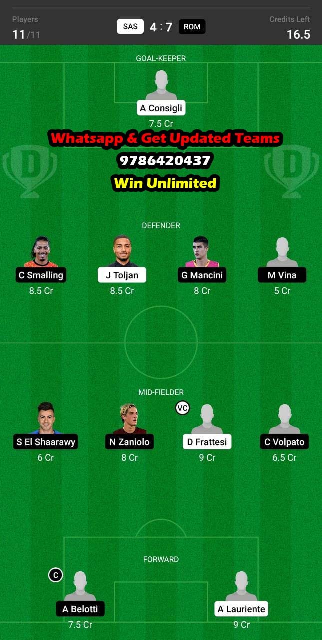 SAS vs ROM Dream11 Team fantasy Prediction Serie A