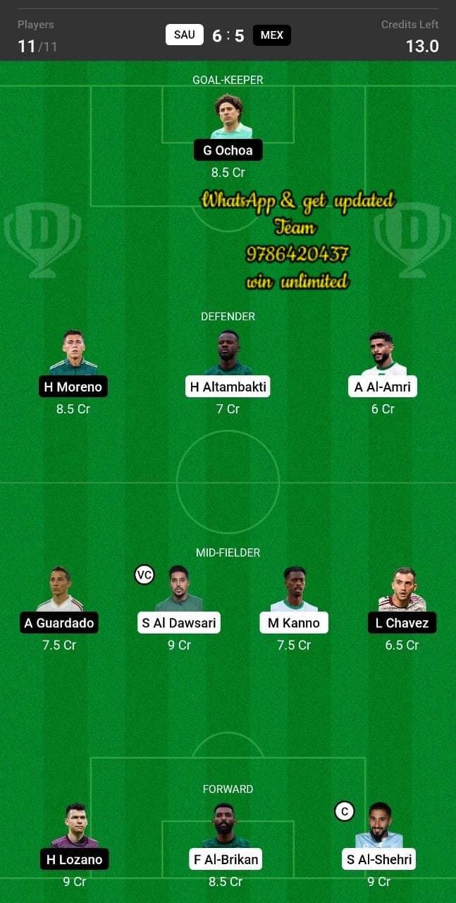 SAU vs MEX Dream11 Team fantasy Prediction Football World Cup