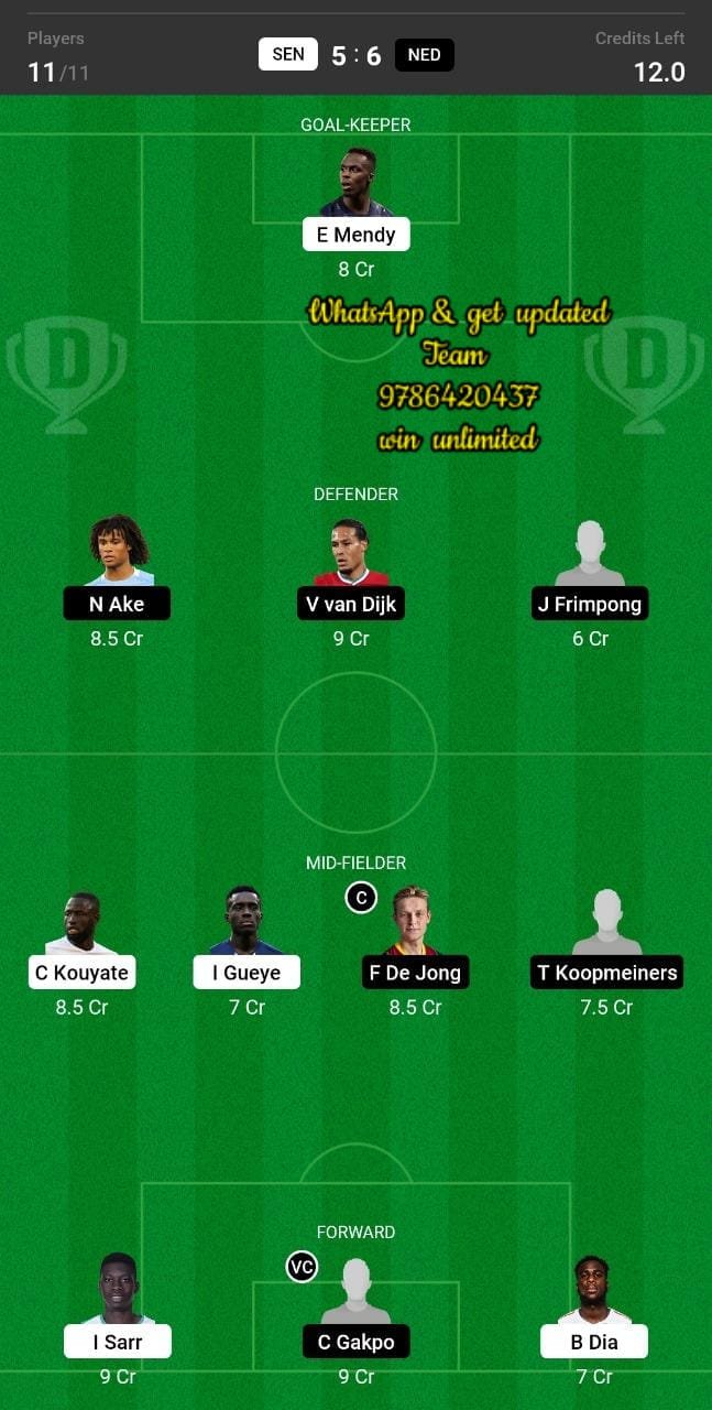 SEN vs NED Dream11 Team fantasy Prediction Football World Cup