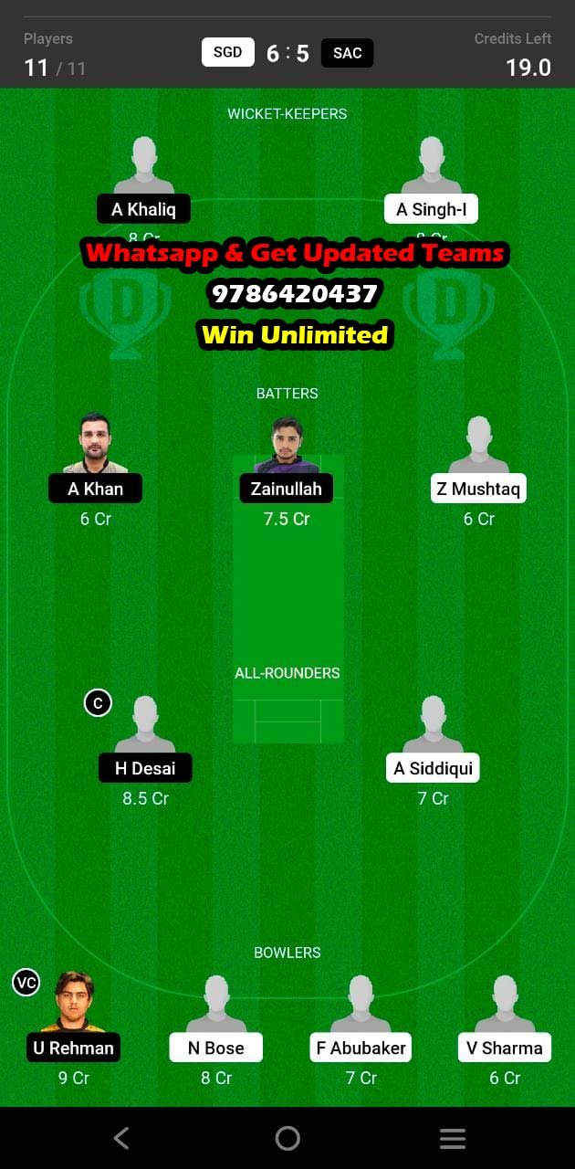 SGD vs SAC 12th Match Dream11 Team fantasy Prediction CBFS T10 League