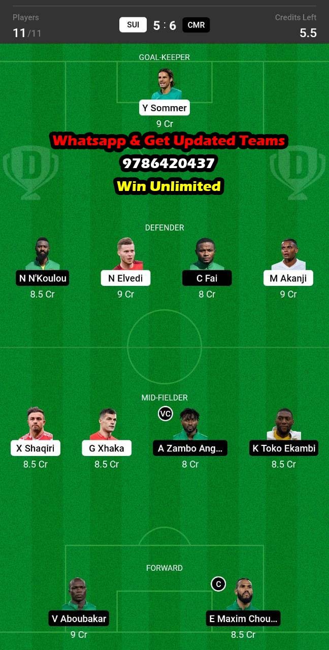 SUI vs CMR Dream11 Team fantasy Prediction Football World Cup