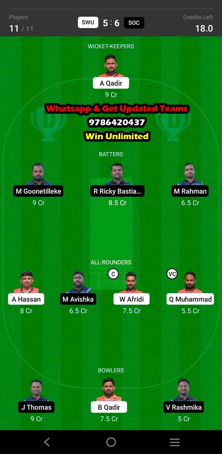 SWU vs SOC 37th Match Dream11 Team fantasy Prediction Fancode ECS T10 Malta