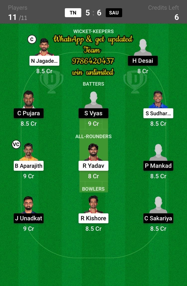 TN vs SAU 4th Quarter Final Match Dream11 Team fantasy Prediction Vijay Hazare Trophy