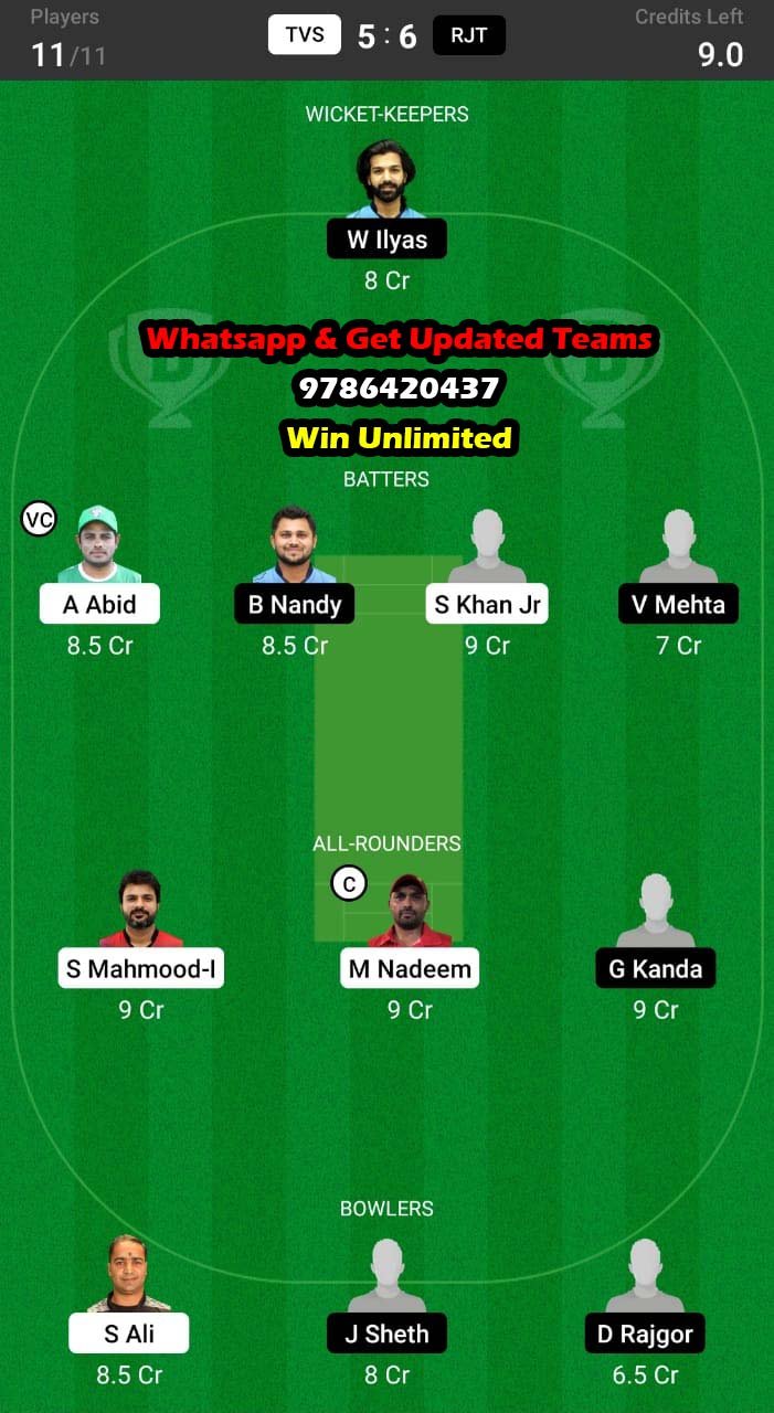 TVS vs RJT 18th Match Dream11 Team fantasy Prediction ICCA Arabian T20 League