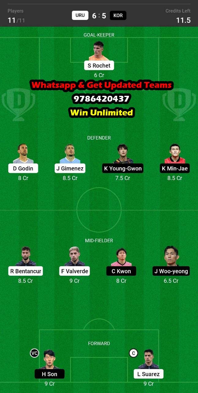 URU vs KOR Dream11 Team fantasy Prediction Football World Cup