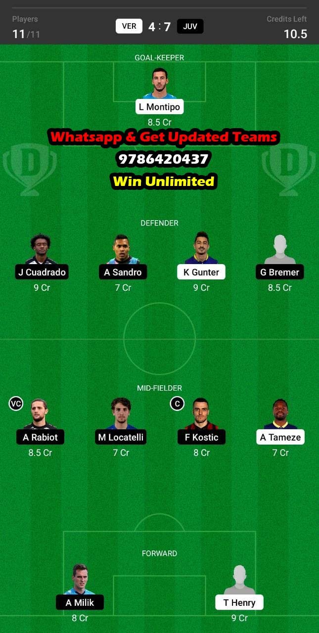 VER vs JUV Dream11 Team fantasy Prediction Serie A