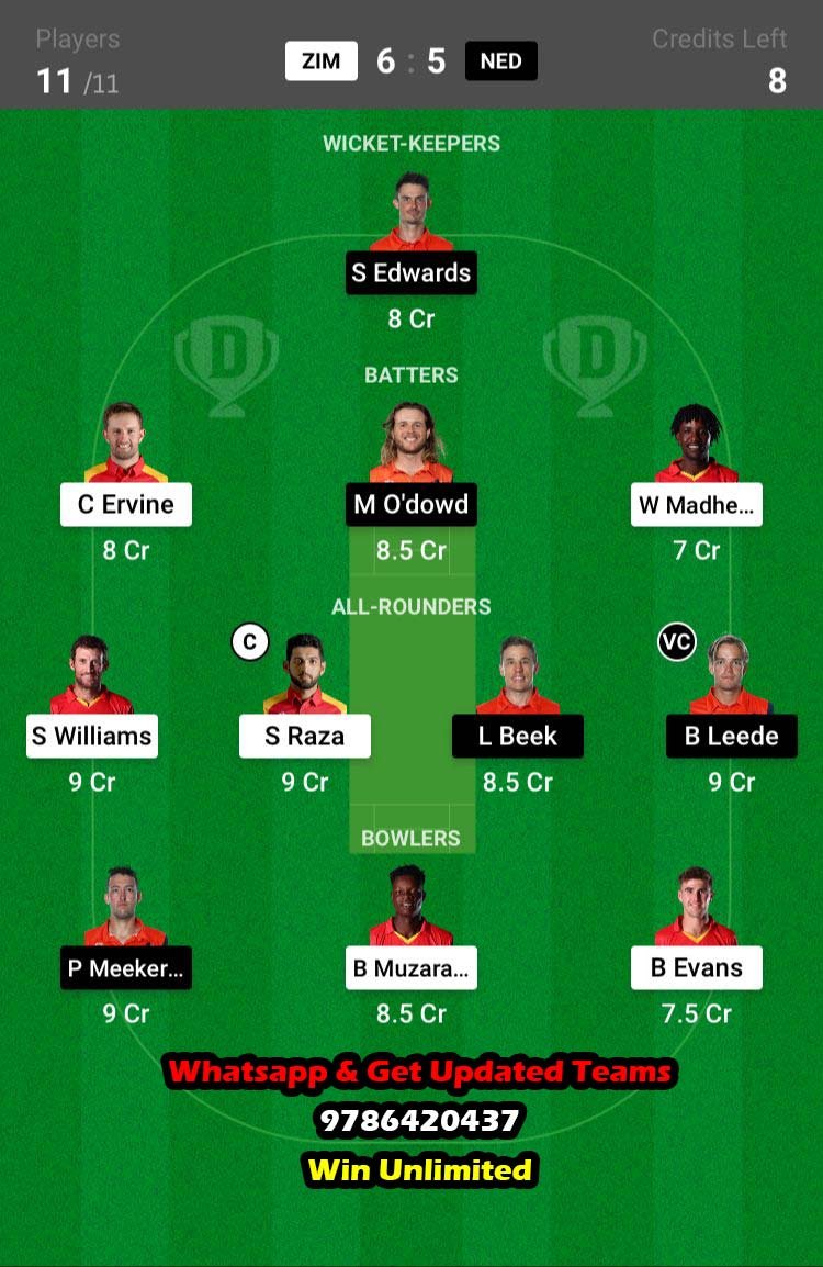 ZIM vs NED 34th Match Dream11 Team fantasy Prediction ICC Men's T20 World Cup