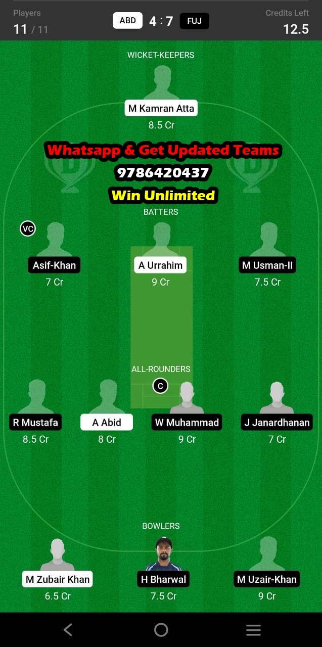 ABD vs FUJ 19th Match Dream11 Team fantasy Prediction Emirates D20