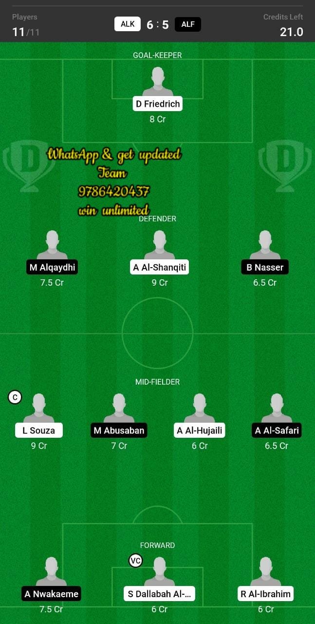 ALK vs ALF Dream11 Team fantasy Prediction Saudi Arabian League