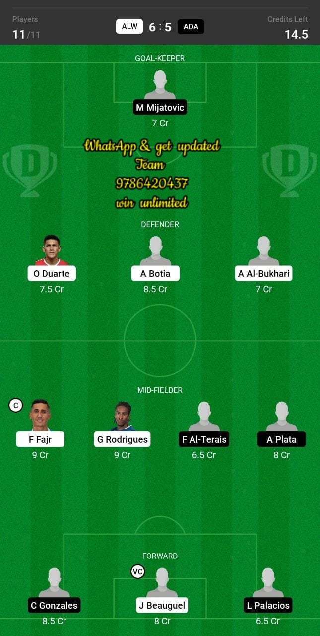 ALW vs ADA Dream11 Team fantasy Prediction Saudi Arabian League