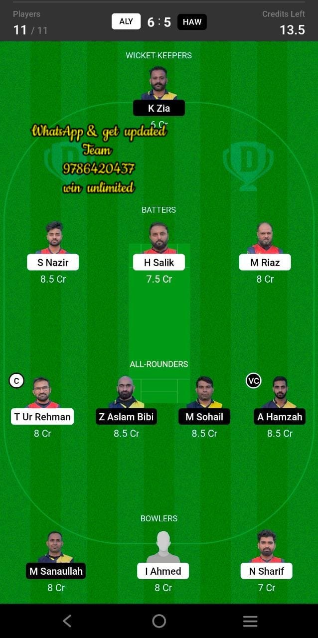 ALY vs HAW 97th Match Dream11 Team fantasy Prediction FanCode ECS T10 Barcelona