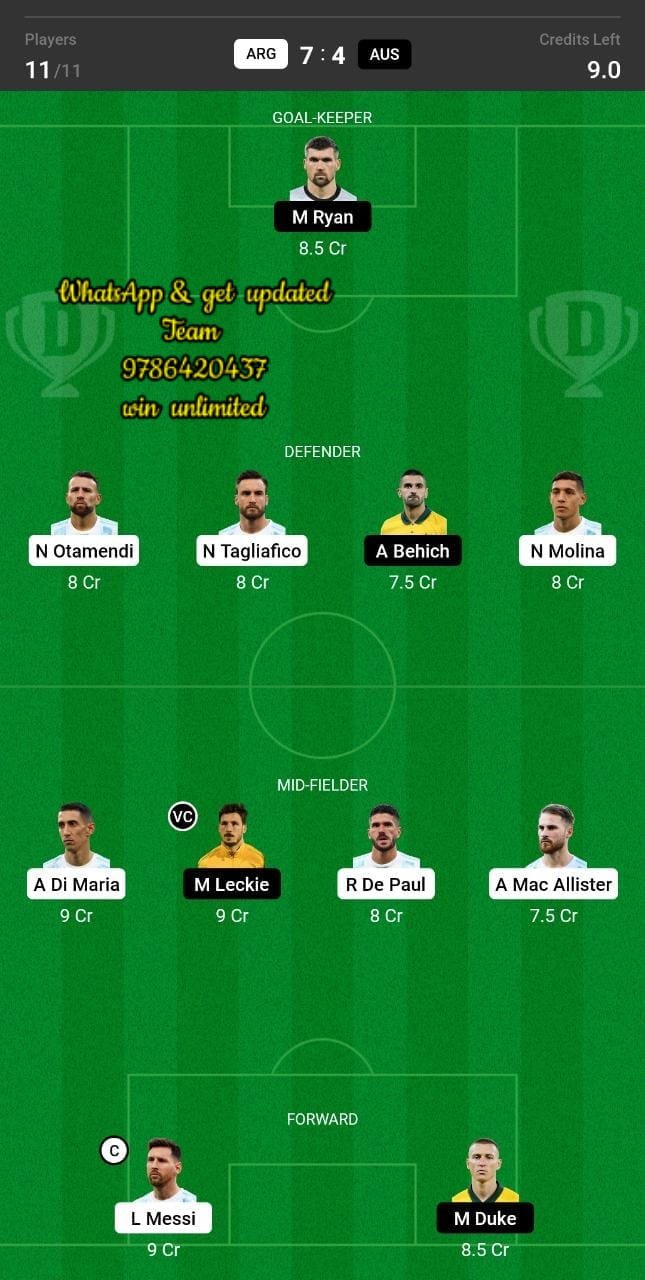 ARG vs AUS Dream11 Team fantasy Prediction Football World Cup