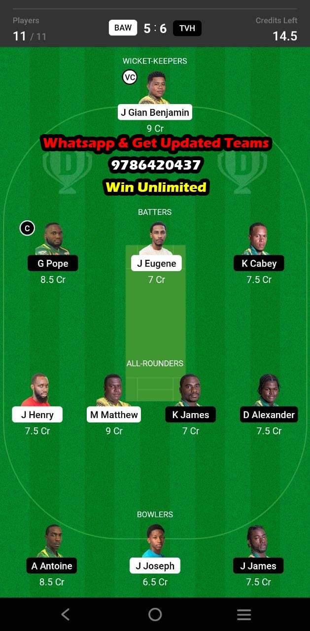 BAW vs TVH 11th Match Dream11 Team fantasy Prediction Dream11 Nature Isle T10