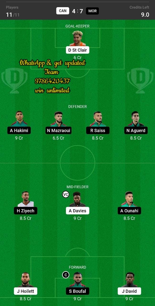 CAN vs MOR Dream11 Team fantasy Prediction Football World Cup