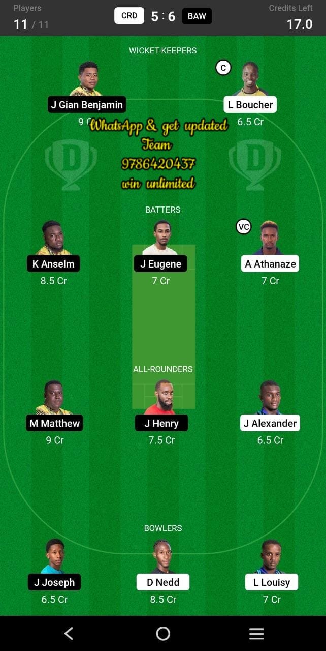 CRD vs BAW 16th Match Dream11 Team fantasy Prediction Dream11 Nature Isle T10 (2)