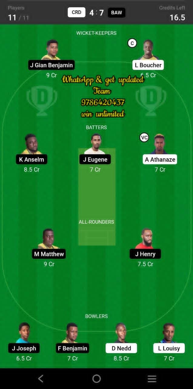 CRD vs BAW 16th Match Dream11 Team fantasy Prediction Dream11 Nature Isle T10