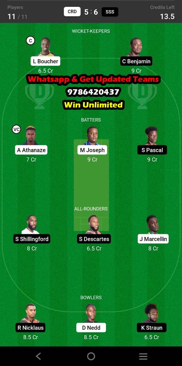 CRD vs SSS 10th Match Dream11 Team fantasy Prediction Dream11 Nature Isle T10