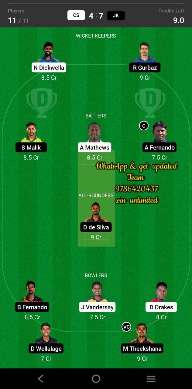 CS vs JK 10th Match Dream11 Team fantasy Prediction Lanka Premier League T20