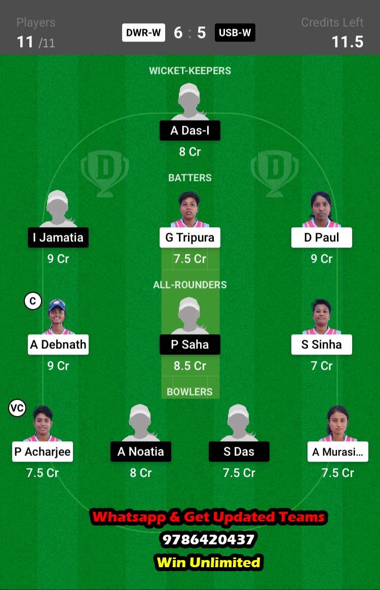 DWR-W vs USB-W 6th Match Dream11 Team fantasy Prediction BYJU'S Tripura Womens T20