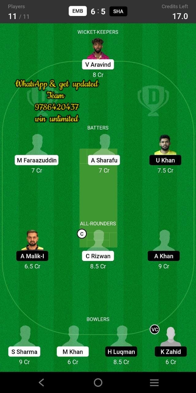 EMB vs SHA 13th Match Dream11 Team fantasy Prediction Emirates D20