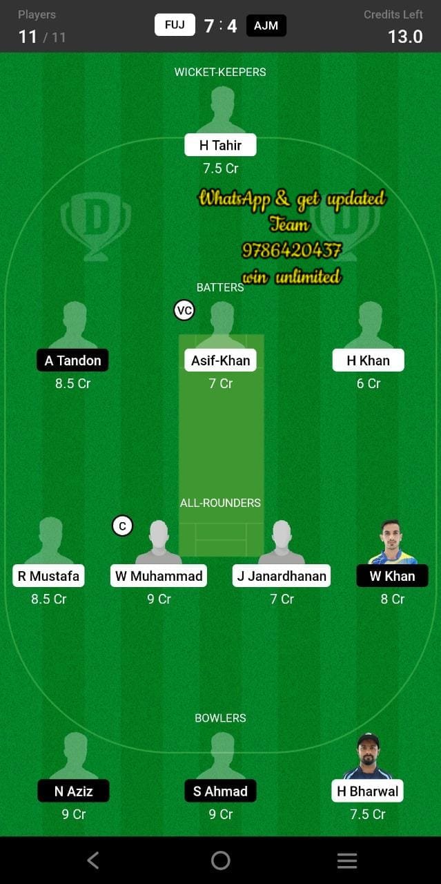 FUJ vs AJM 14th Match Dream11 Team fantasy Prediction Emirates D20