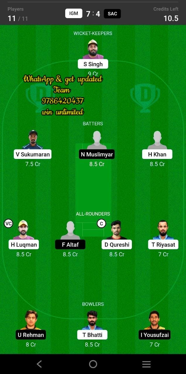 IGM vs SAC Cup Quarter Final 1st Match Dream11 Team fantasy Prediction CBFS T10 League