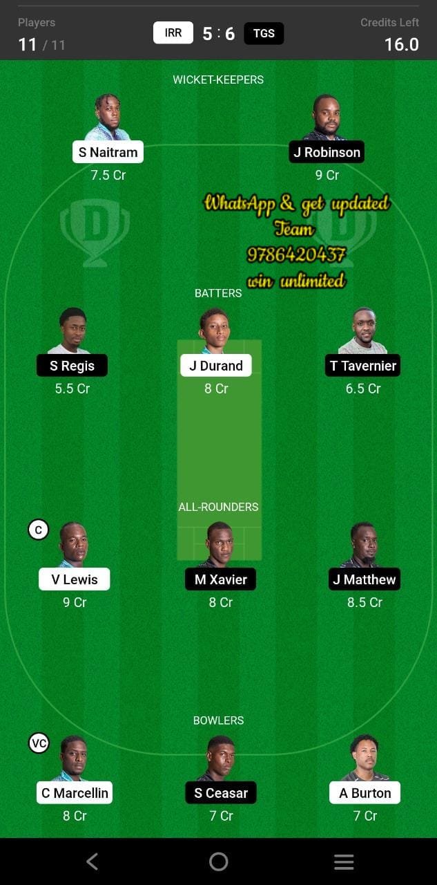 IRR vs TGS 22nd Match Dream11 Team fantasy Prediction Dream11 Nature Isle T10