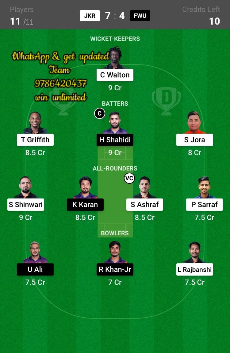 JKR vs FWU 12th Match Dream11 Team fantasy Prediction Nepal Domestic T20 League