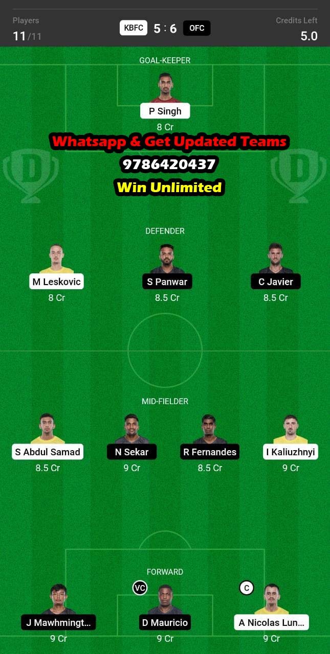 KBFC vs OFC Dream11 Team fantasy Prediction Hero ISL