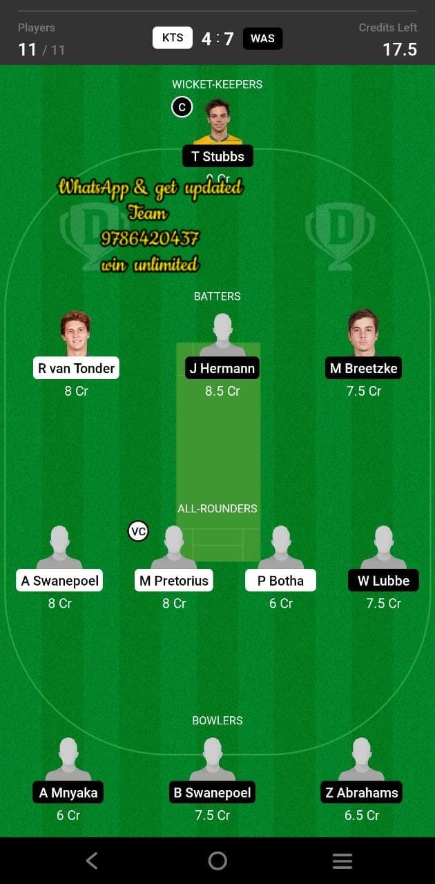KTS vs WAS 11th Match Dream11 Team fantasy Prediction CSA One-Day Challenge Division One