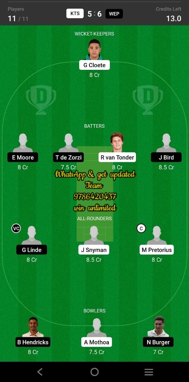 KTS vs WEP 7th Match Dream11 Team fantasy Prediction CSA One-Day Challenge Division One